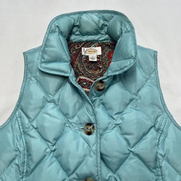 Talbots Down Puffer Vest Small Quilted Button Feather Aqua Teal Paisley Lining - Picture 2 of 10